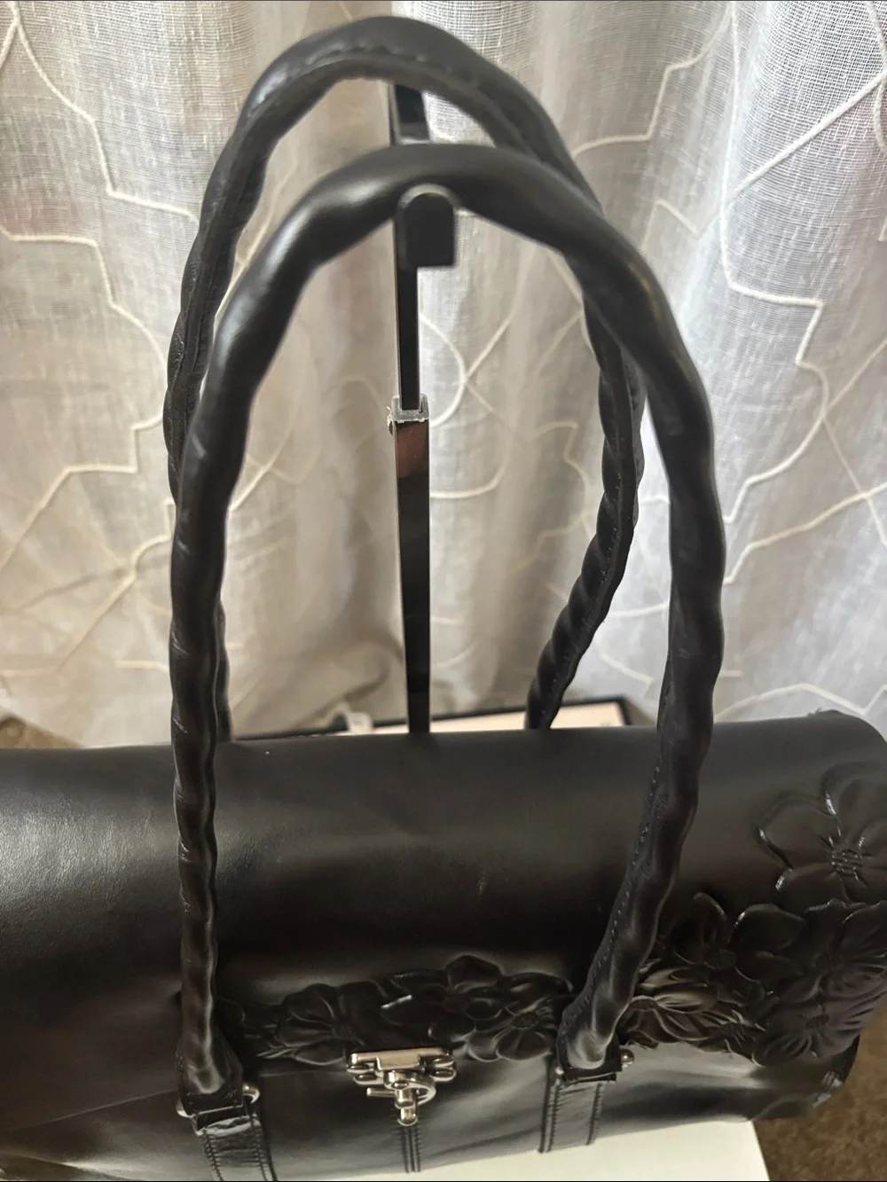 Patricia Nash Vienna Black Floral Embossed Leather Satchel